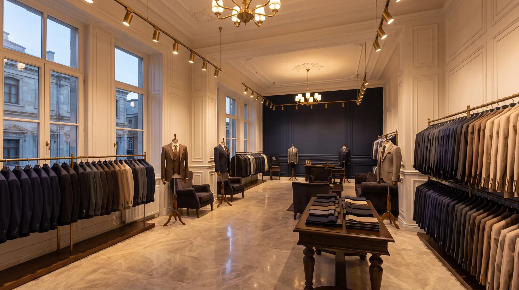 İstanbul'da pirinç askılarda takım elbiselerin sergilendiği toptan erkek giyim showroomu