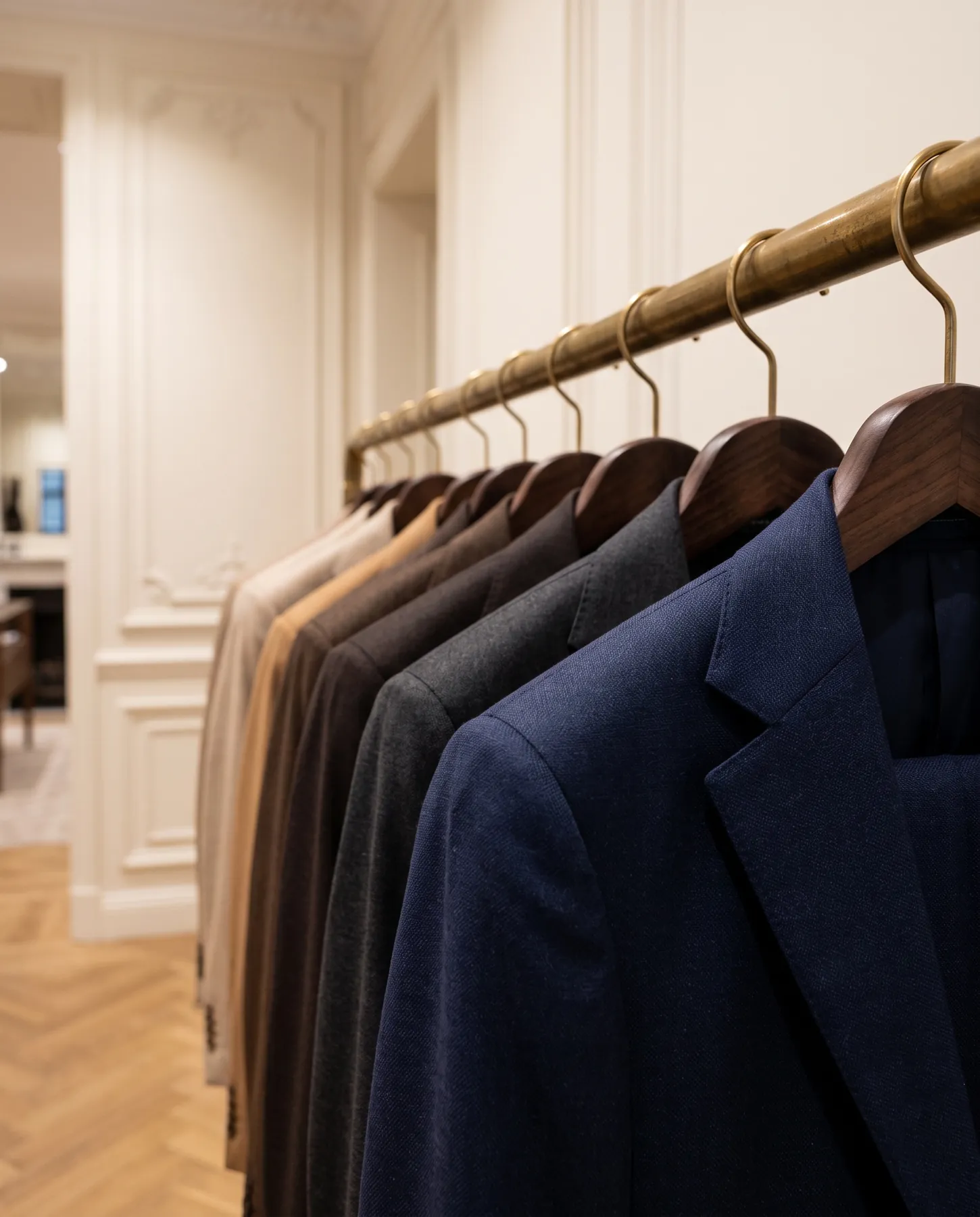 Erkek giyim showroomunda ahşap askılarda dizili takım elbise ceketleri